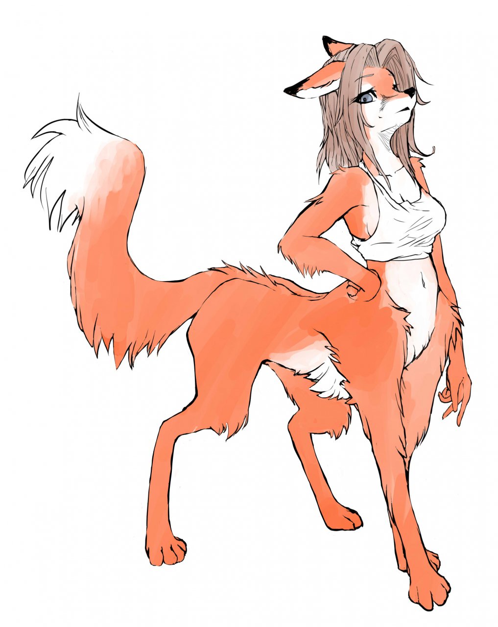 2010 akitokit belly black_nose bottomless brown_hair canid canid_taur canine canine_taur clothed clothing countershading digitigrade female fox fox_taur fur grey_eyes hair hand_on_hip herm_(lore) hi_res long_hair looking_at_viewer mammal mammal_taur navel orange_body orange_fur simple_background skinny solo standing taur white_background white_belly