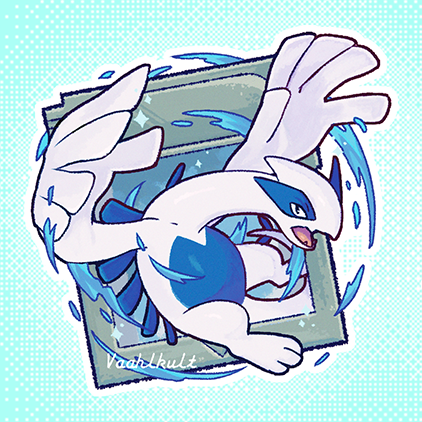 artist_name black_eyes blue_background colored_skin commentary fangs lowres lugia no_humans open_mouth pokemon pokemon_(creature) skin_fangs twitter_username vaahlkult water white_skin wings