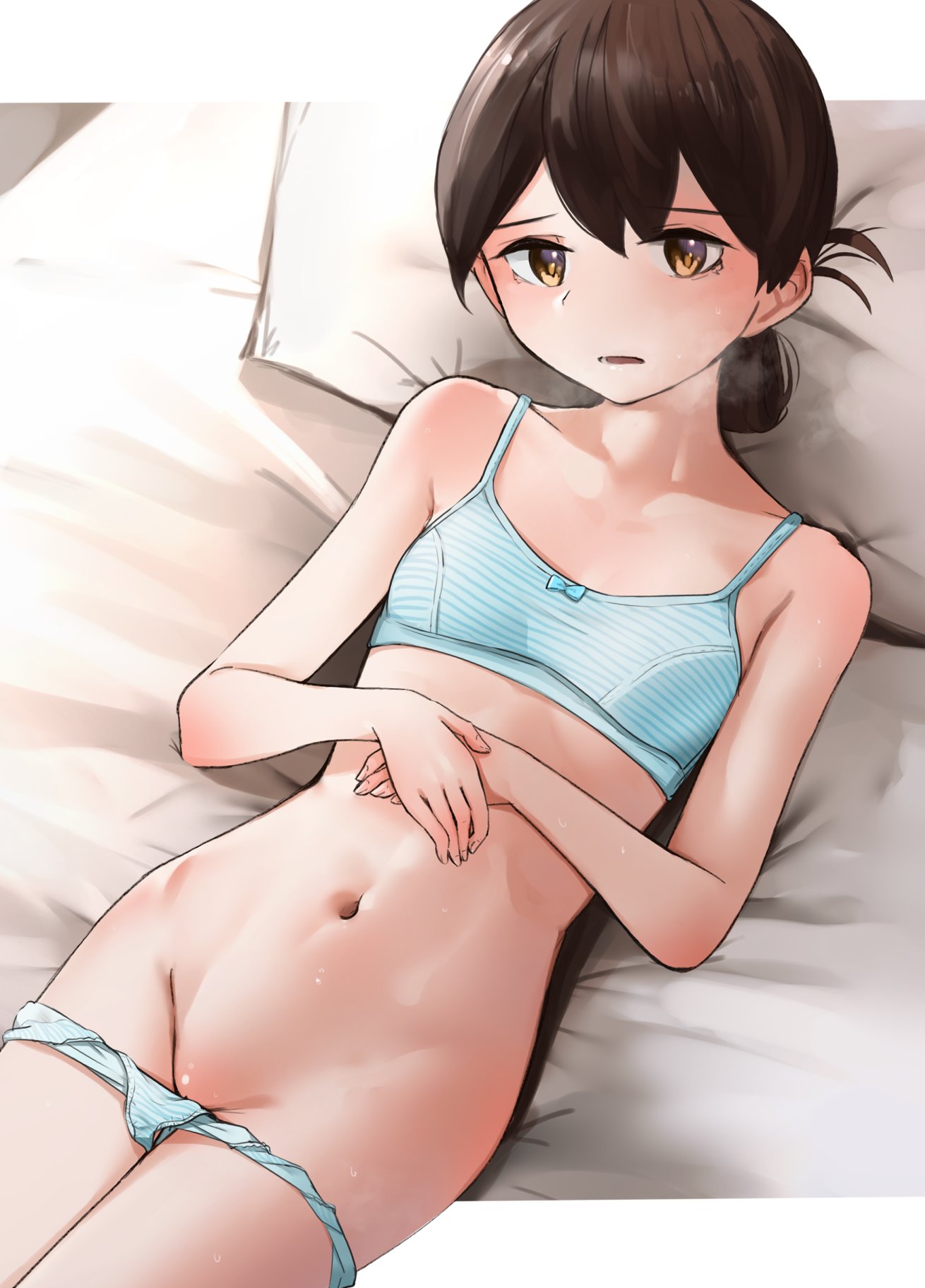 1girl blue_bra blue_panties blush bra breasts brown_eyes brown_hair folded_ponytail highres kabayaki_namazu kantai_collection kasuga_maru_(kancolle) looking_at_viewer lying on_back on_bed own_hands_together panties panty_pull pillow small_breasts solo striped_bra striped_clothes striped_panties underwear underwear_only