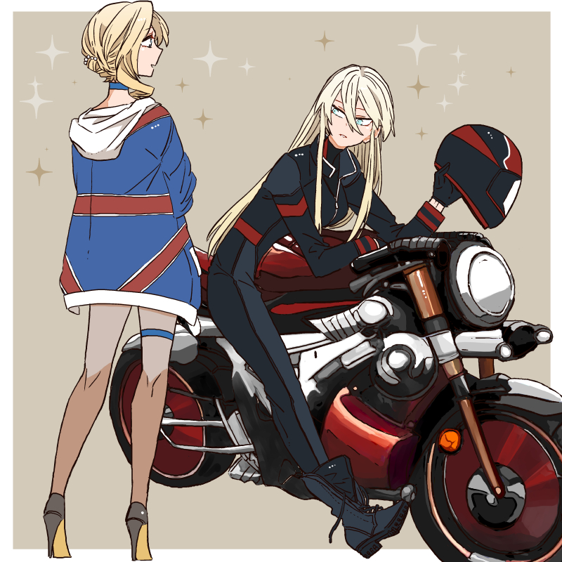 2girls asuka_(junerabitts) azur_lane bismarck_(azur_lane) black_footwear black_gloves black_headwear blonde_hair blue_choker blue_eyes border choker gloves high_heels hood_(azur_lane) long_bangs long_hair looking_at_another motor_vehicle motorcycle multiple_girls outside_border sparkle thigh_strap union_jack white_border