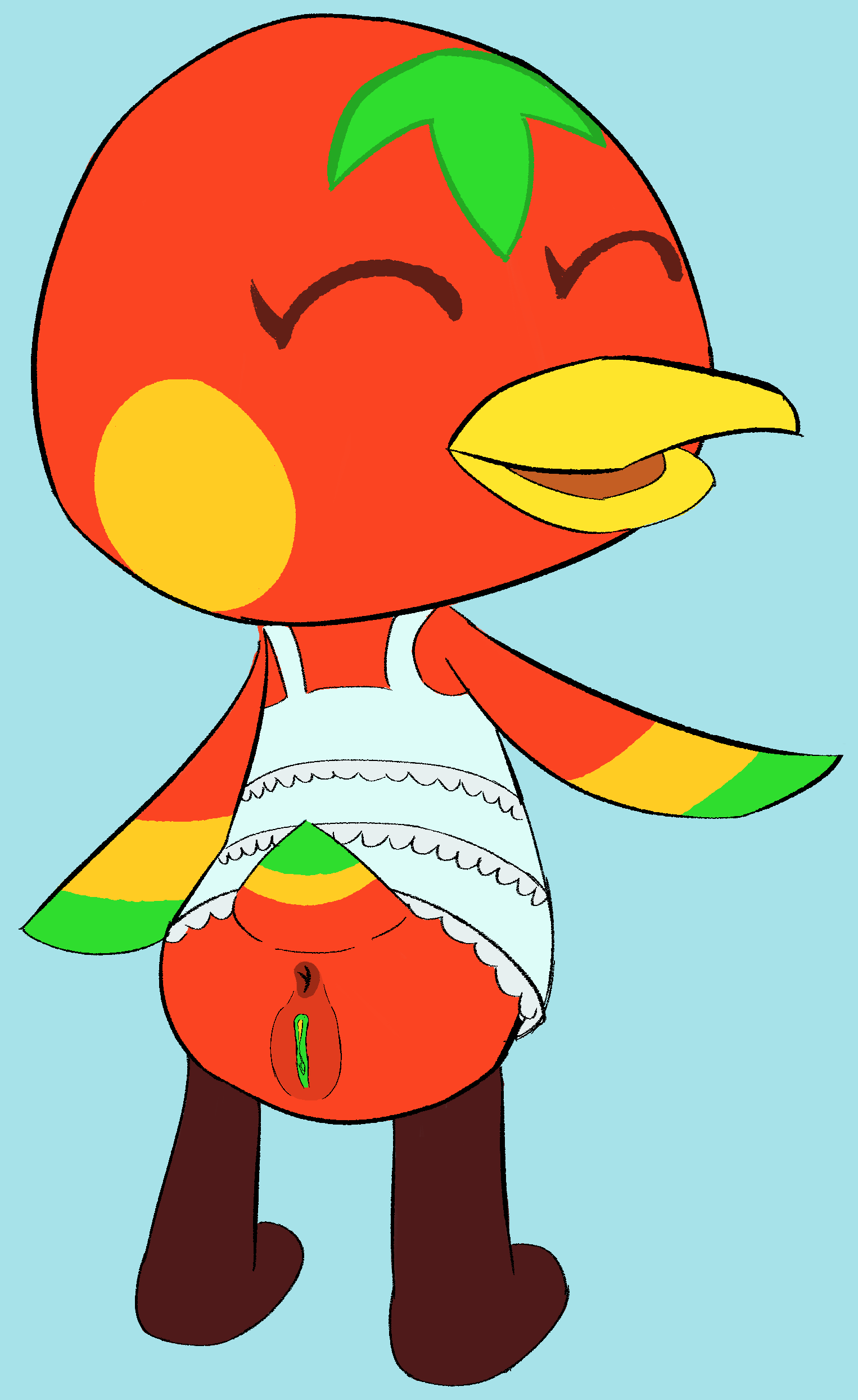 absurd_res anatid animal_crossing anseriform anthro anus avian beak bird bitterestball bottomless clothed clothing dress duck exposed eyes_closed female genitals green_genitals green_pussy hi_res ketchup_(animal_crossing) looking_at_viewer looking_back nintendo pussy red_body simple_background sketch smile smiling_at_viewer solo standing tail wings