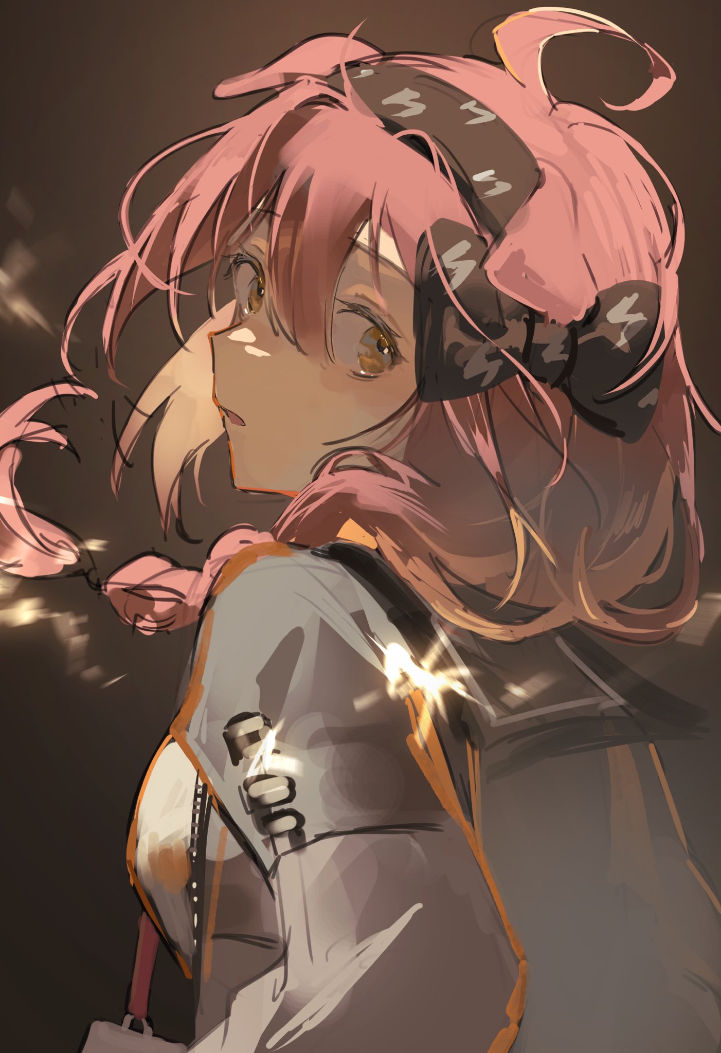 1girl ahoge animal_ears arknights black_bow black_hairband blurry bow braid brown_background cat_ears cat_girl goldenglow_(arknights) grey_jacket hair_between_eyes hair_bow hairband highres jacket light_particles long_hair long_sleeves looking_at_viewer mi1i_11 motion_blur one-hour_drawing_challenge parted_lips pink_hair sketch solo upper_body yellow_eyes