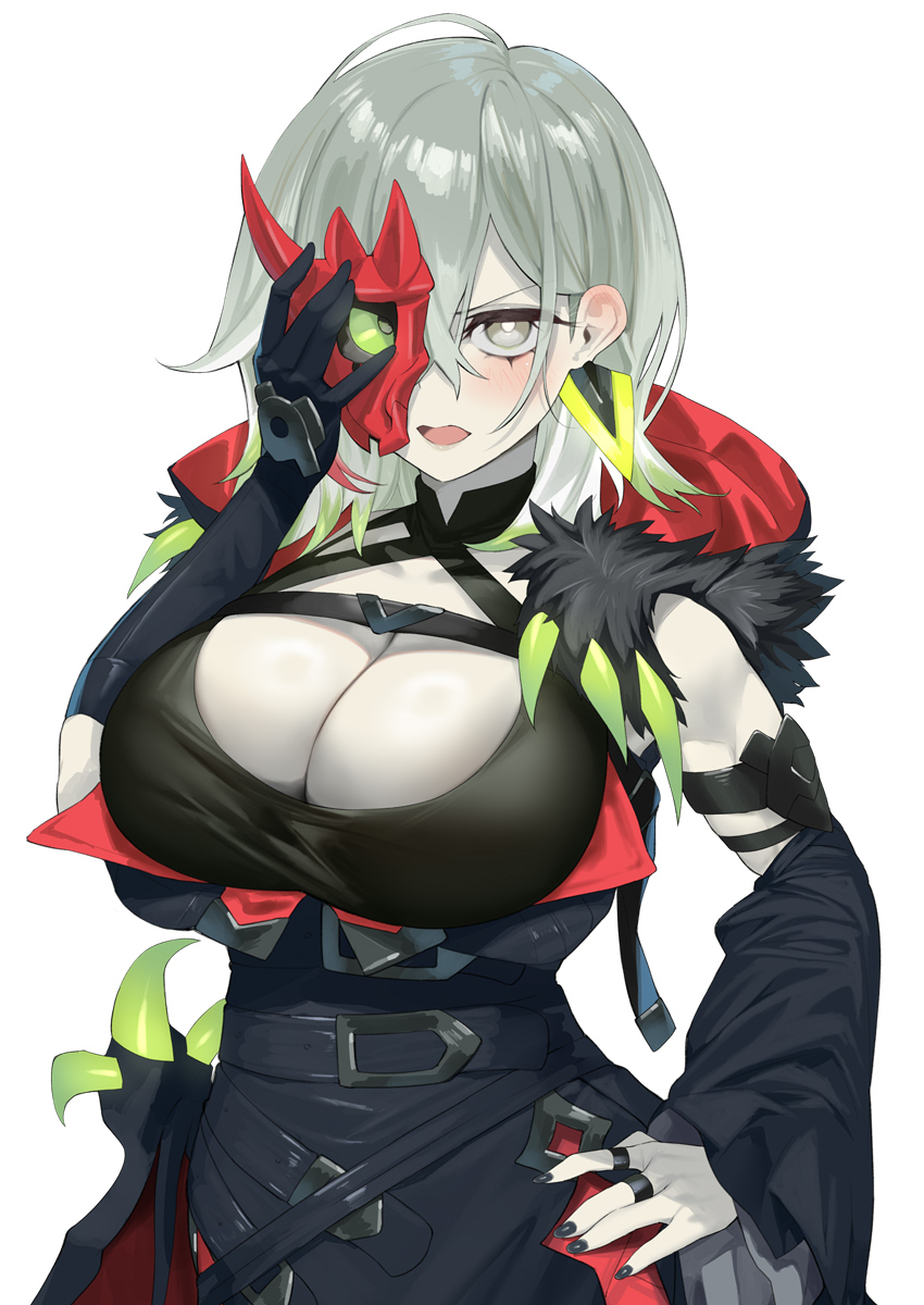 1girl blush breasts cleavage colored_tips detached_sleeves diabellstar_the_black_witch dress duel_monster gloves green_eyes green_hair grey_hair half_mask highres hood large_breasts mask medium_hair multicolored_hair pale_skin red_mask single_detached_sleeve single_glove single_sleeve solo white_background yappen yu-gi-oh!