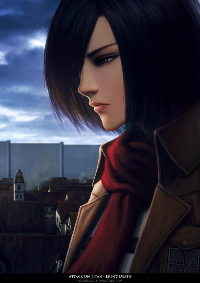 1girl accuracy0 black_eyes black_hair collar commentary copyright_name deviantart_username emblem english_commentary hair_between_eyes hair_over_one_eye jacket looking_to_the_side mikasa_ackerman paradis_military_uniform red_scarf scarf shingeki_no_kyojin short_hair solo title training_corps_(emblem) web_address