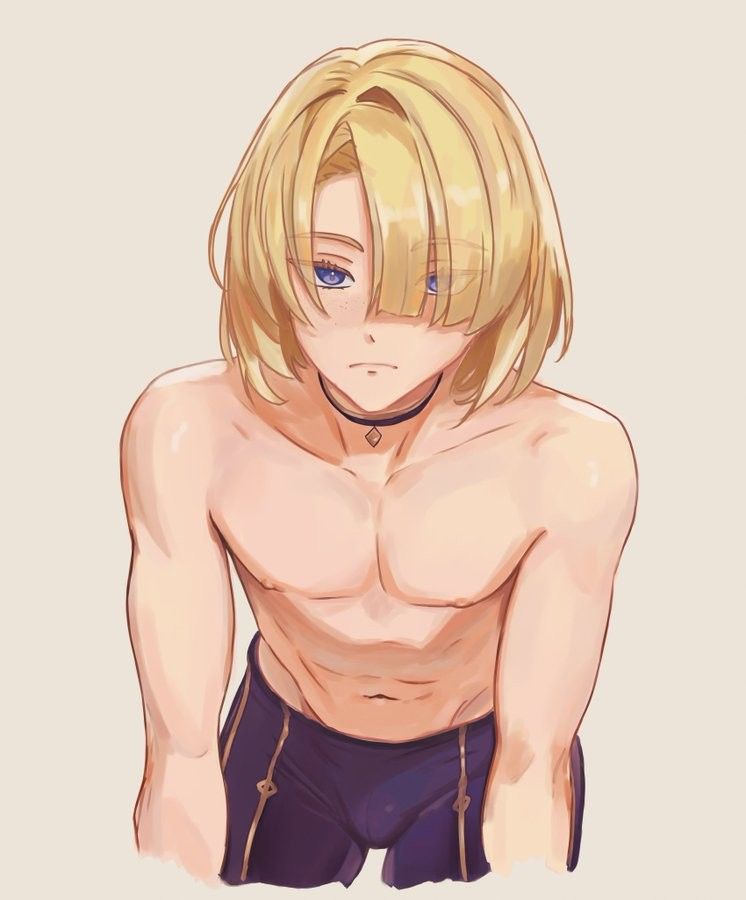 1boy abs aged_up artist_request black_shorts blonde_hair blue_eyes bulge closed_mouth freminet_(genshin_impact) genshin_impact hair_over_one_eye looking_at_viewer muscular muscular_male navel nipples non-web_source shorts solo source_request stomach topless_male