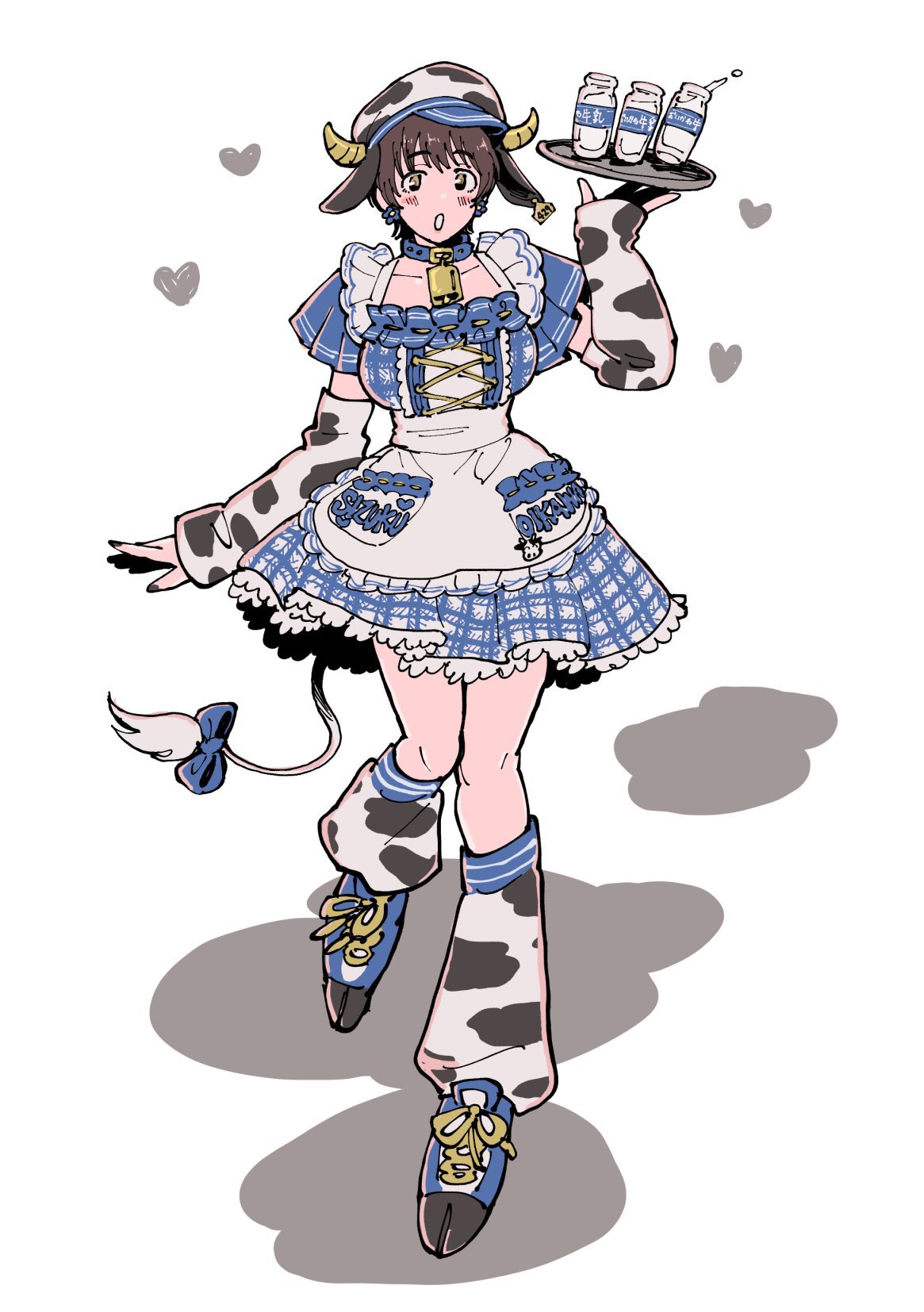 1girl animal_ears animal_print apron bell blue_dress blush bottle breasts brown_eyes brown_hair checkered_clothes checkered_dress choroip collarbone cow_ears cow_horns cow_print detached_sleeves dress fake_tail highres holding holding_tray horns idolmaster idolmaster_cinderella_girls large_breasts looking_at_viewer maid_apron milk_bottle neck_bell oikawa_shizuku open_mouth short_hair solo tail thighs tray