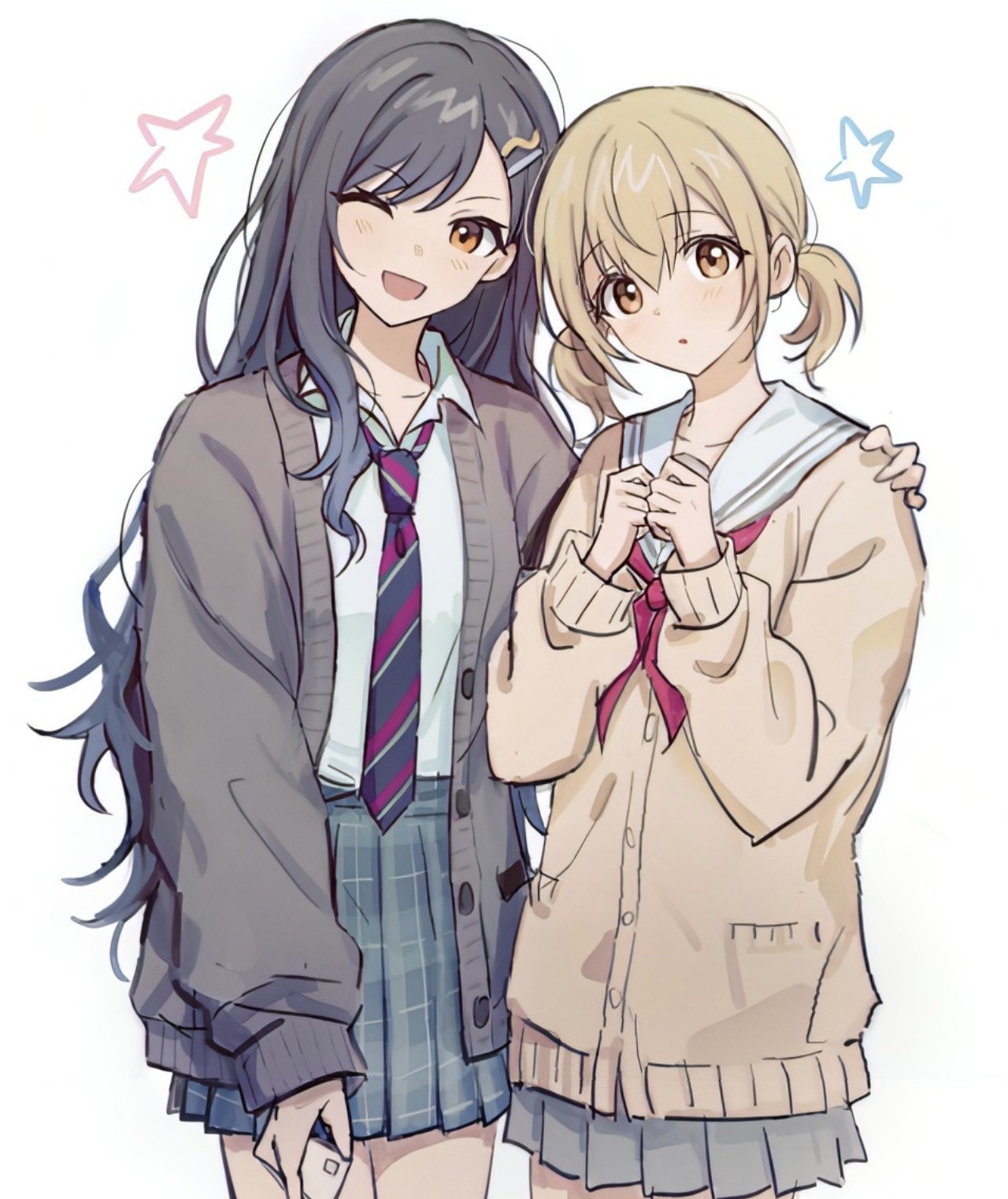 2girls :o arm_at_side azusawa_kohane black_hair blonde_hair blue_hair blush brown_cardigan buttons cardigan collared_shirt commentary_request cowboy_shot diagonal-striped_clothes diagonal-striped_necktie gradient_hair grey_cardigan hair_ornament hairpin hand_on_another's_shoulder hands_up highres holding jangwa_o kamiyama_high_school_uniform_(project_sekai) korean_commentary long_hair long_sleeves looking_at_viewer miyamasuzaka_girls'_academy_school_uniform multicolored_hair multiple_girls neckerchief necktie one_eye_closed open_mouth orange_eyes plaid plaid_skirt pleated_skirt pocket project_sekai red_neckerchief sailor_collar school_uniform shiraishi_an shirt short_twintails simple_background skirt smile star_(symbol) striped_clothes twintails white_background white_shirt
