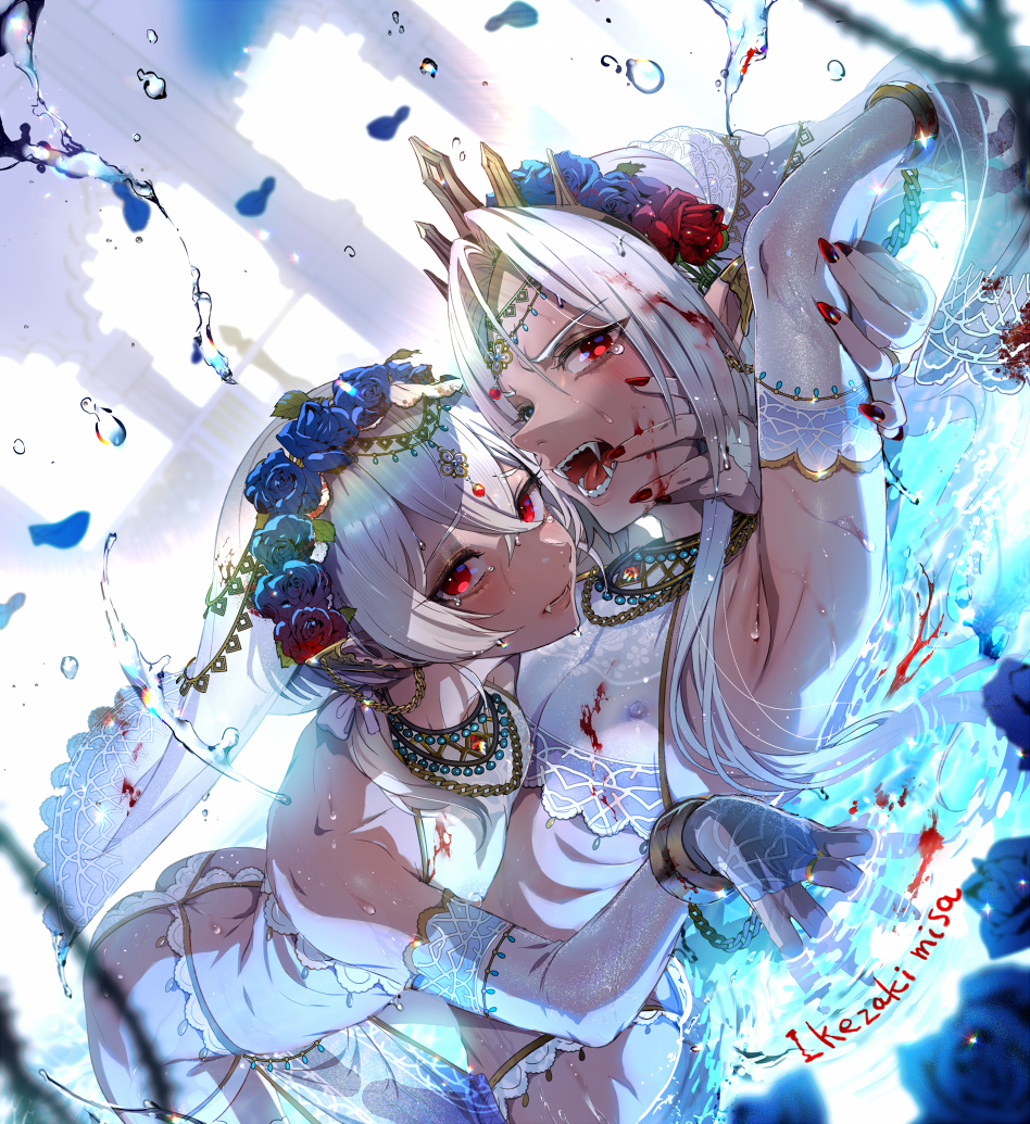 2boys arabian_clothes armpits arms_up artist_name bishounen blood blood_in_water blood_on_face blue_flower blue_rose brothers butt_crack closed_mouth covered_nipples covered_penis crop_top crossdressing cuffs dark_skin detached_sleeves ear_ornament erection falling_petals fangs fingerless_gloves flower flower_hairband from_side frown gloves grey_hair hair_between_eyes hand_on_another's_arm handcuffs ikezaki_misa jewelry leaning_forward leaning_on_person long_hair looking_at_viewer low_ponytail lying male_focus multiple_boys on_back open_mouth original parted_bangs petals pointy_ears red_eyes red_flower red_nails red_rose revealing_clothes rose see-through siblings sunlight tan tearing_up tongue water_drop wet wet_clothes white_veil