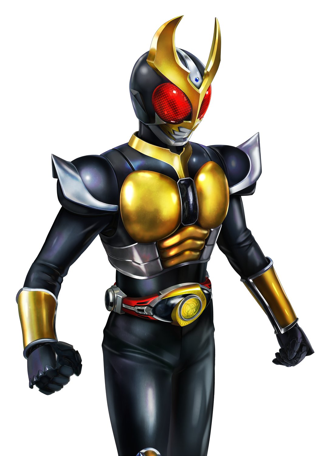 1boy agito_(ground_form) armor breastplate commentary_request compound_eyes facing_ahead gauntlets glowing glowing_eyes gold_armor gold_horns hand_up highres kamen_rider kamen_rider_agito kamen_rider_agito_(series) mask masukudo_(hamamoto_hikaru) red_eyes shoulder_armor simple_background solo tokusatsu upper_body white_background yellow_eyes