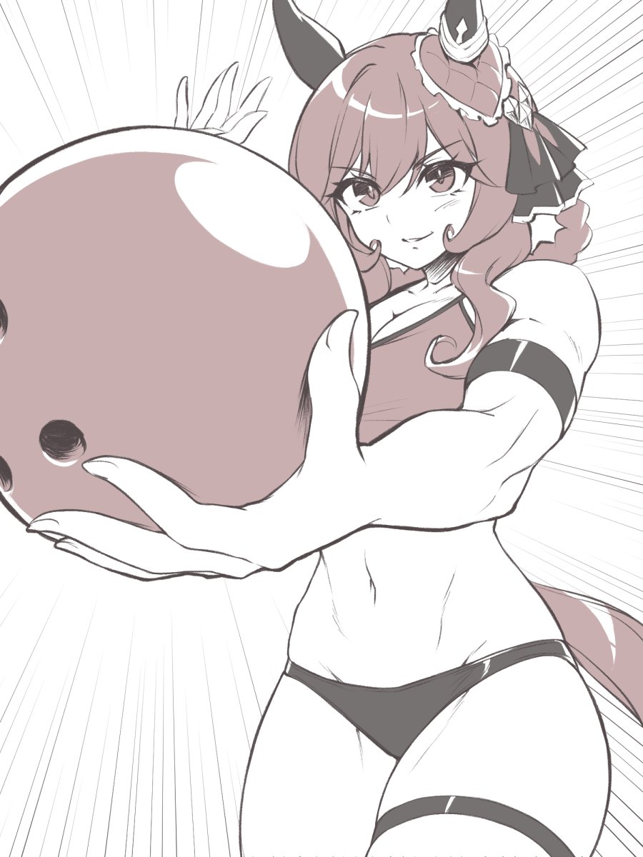 1girl animal_ears ball bowling_ball breasts cleavage ear_covers foreshortening gentildonna_(umamusume) heart-shaped_ornament heart_ear_ornament highres horse_ears horse_tail large_breasts long_hair midriff monochrome muscular muscular_female pataneet sepia solo sports_bikini tail umamusume