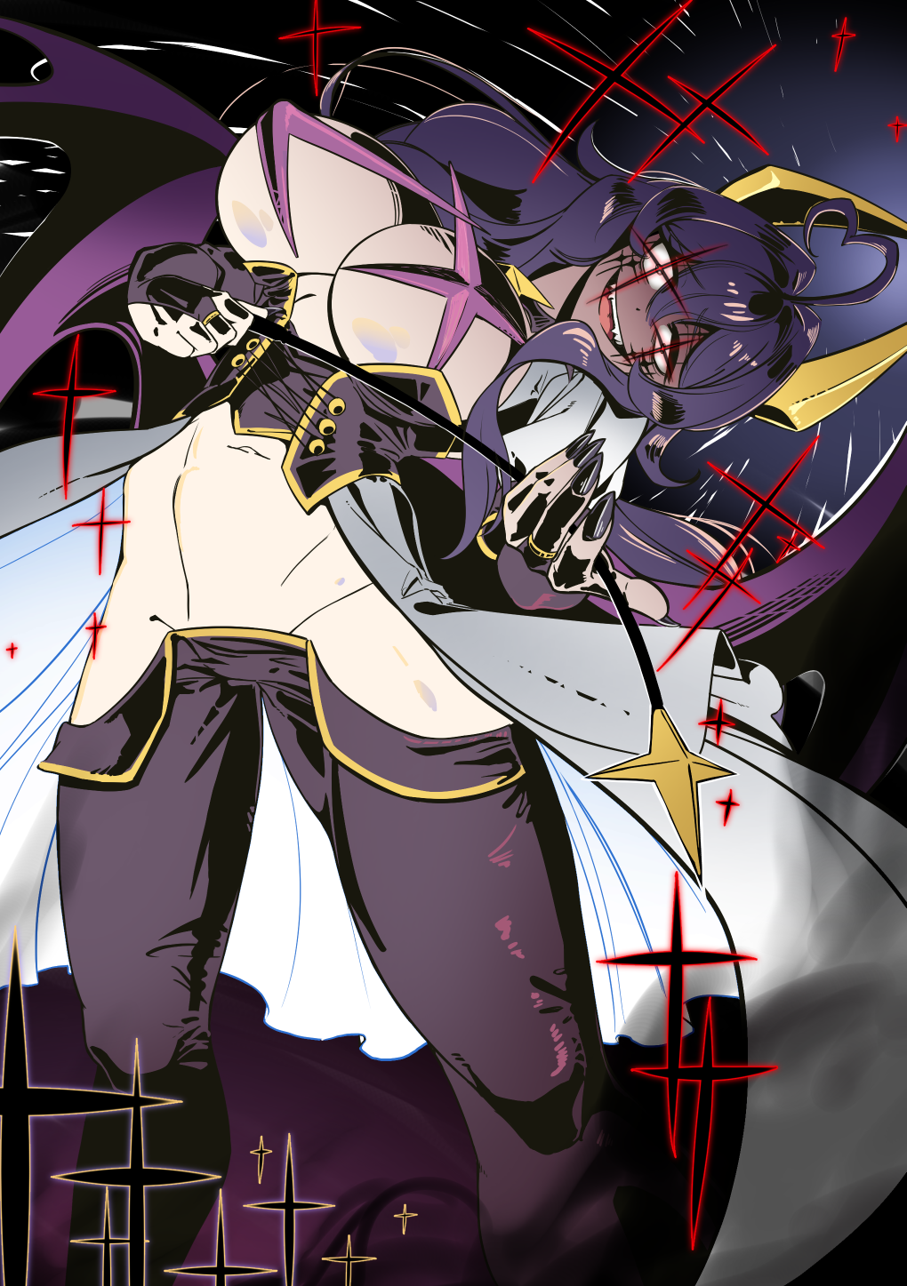 1girl ahoge black_nails breastless_clothes breasts cape demon_horns demon_wings detached_sleeves heart heart_ahoge highres hiiragi_utena holding_riding_crop horns imaani large_breasts long_hair looking_at_viewer magia_baiser mahou_shoujo_ni_akogarete nail_polish open_mouth pants pasties purple_hair purple_pants revealing_clothes riding_crop shrug_(clothing) smile solo star_pasties teeth upper_teeth_only white_cape white_shrug white_sleeves wings
