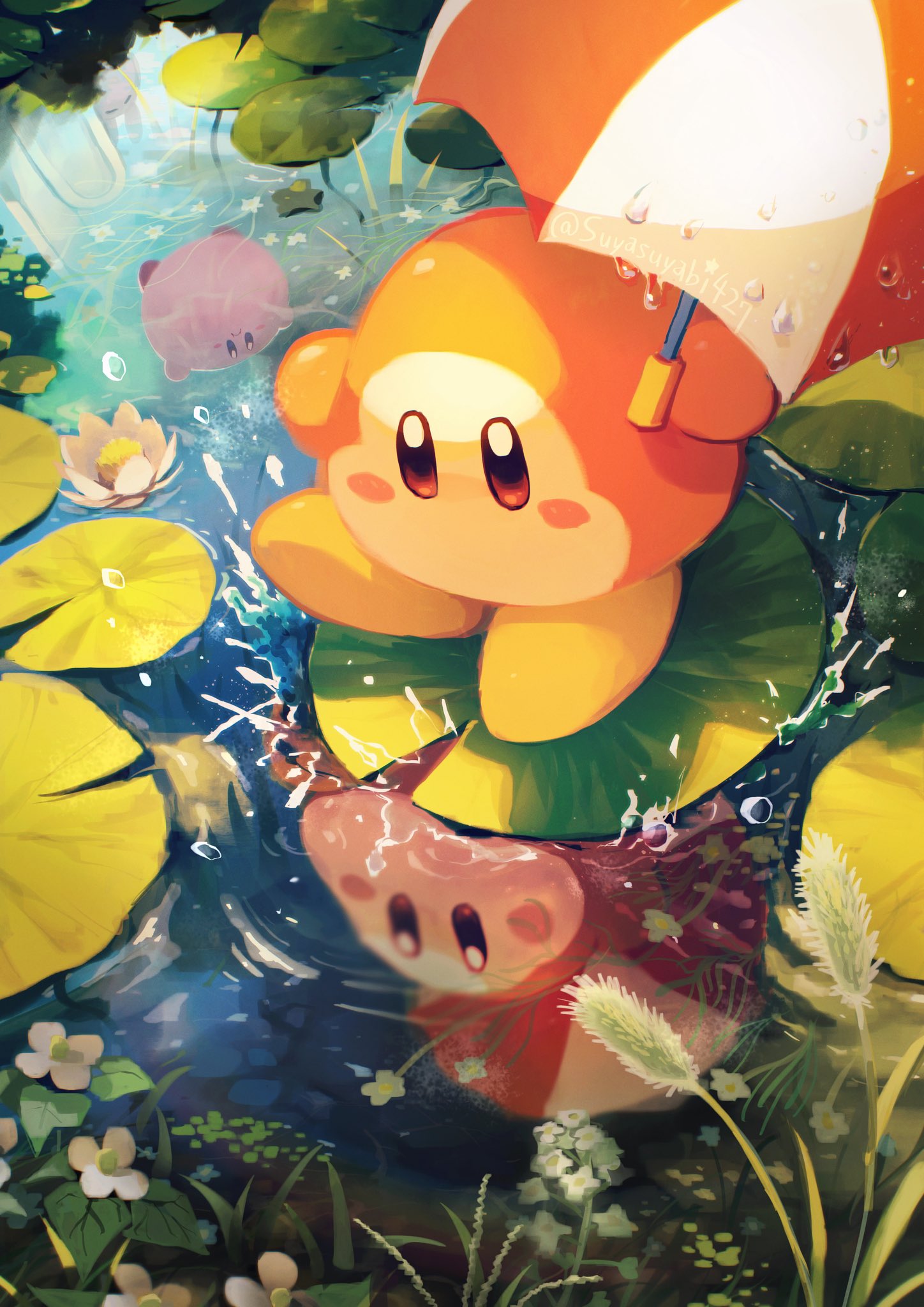 artist_name colored_skin highres holding holding_umbrella kirby kirby_(series) lily_pad outdoors pink_skin plant reflection ripples splashing suyasuyabi twitter_username umbrella waddle_dee water