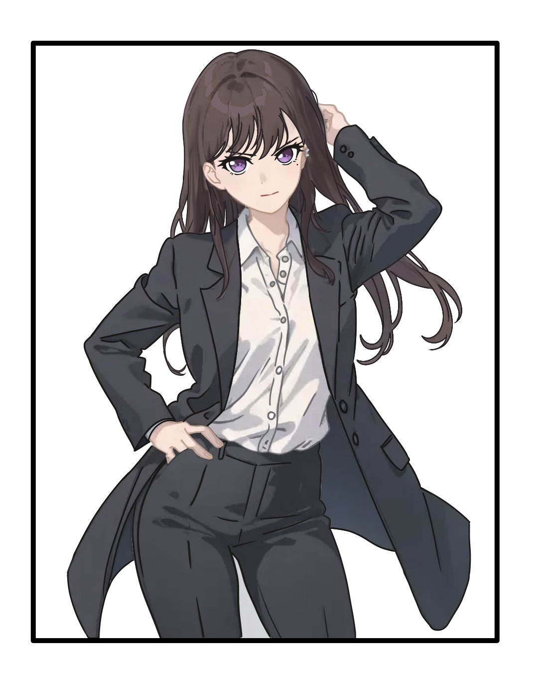 1girl arm_up bang_dream! bang_dream!_it's_mygo!!!!! black_coat black_hair black_pants border closed_mouth coat collared_shirt cowboy_shot dress_shirt hand_on_own_hip highres long_hair long_sleeves looking_at_viewer mocaraneru mole mole_under_eye open_clothes open_coat pants purple_eyes shiina_taki shirt shirt_tucked_in simple_background solo white_background white_border white_shirt