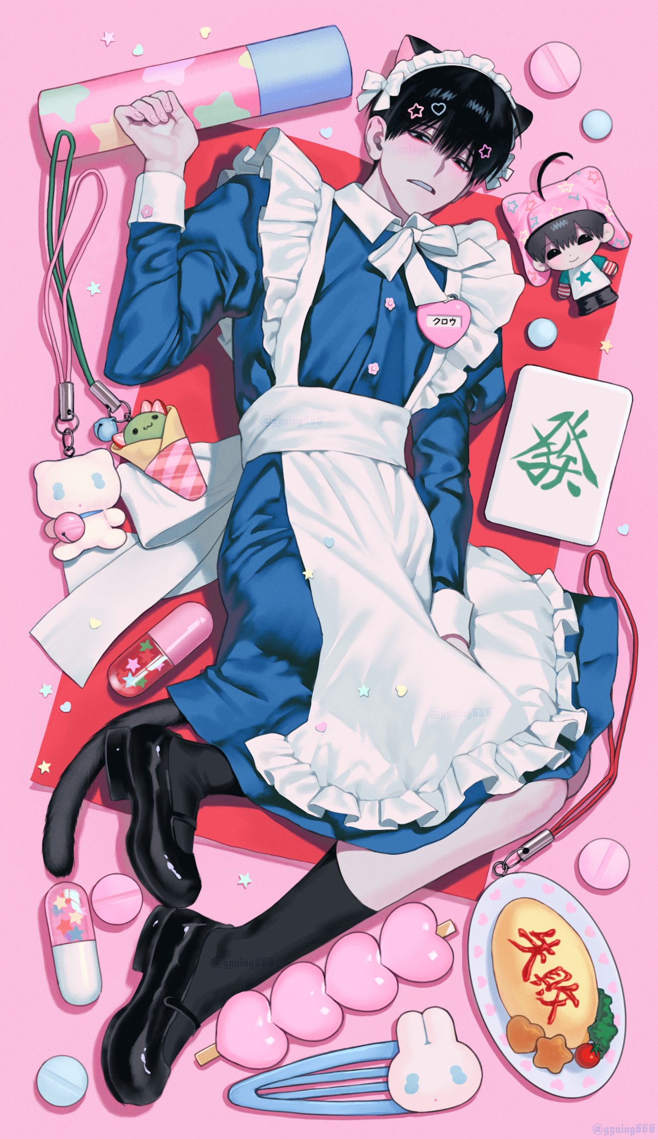 1boy animal_ears apron black_eyes black_footwear black_hair black_socks blue_dress blush cat_boy cat_ears cat_tail charm_(object) colorful crossdressing dress food frilled_apron frills from_above full_body gyuing666 hand_up heart_pin highres legs_together long_skirt looking_at_viewer lying mahjong_tile maid maid_headdress male_focus male_maid multiple_hairpins omelet omurice on_back original parted_lips pill ribbon short_hair skirt socks solo star_pin tail white_ribbon