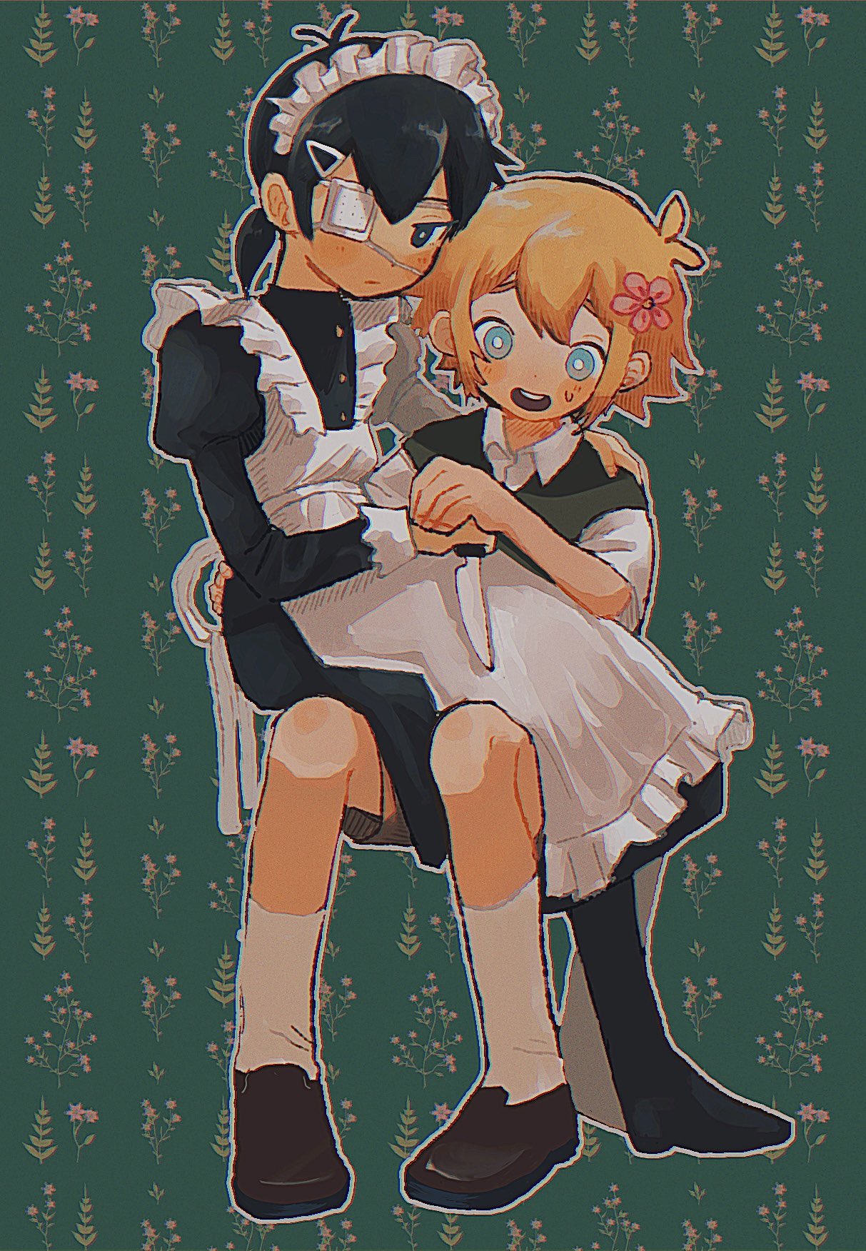 2boys alternate_costume basil_(faraway)_(omori) basil_(omori) black_eyes black_footwear black_hair blonde_hair blue_eyes closed_mouth enmaided expressionless eyepatch flower hair_flower hair_ornament hairclip highres holding holding_knife knife looking_at_viewer maid maid_headdress multiple_boys official_alternate_hairstyle omori short_hair short_twintails socks spoilers sunny_(omori) tate_ware_anal twintails white_socks