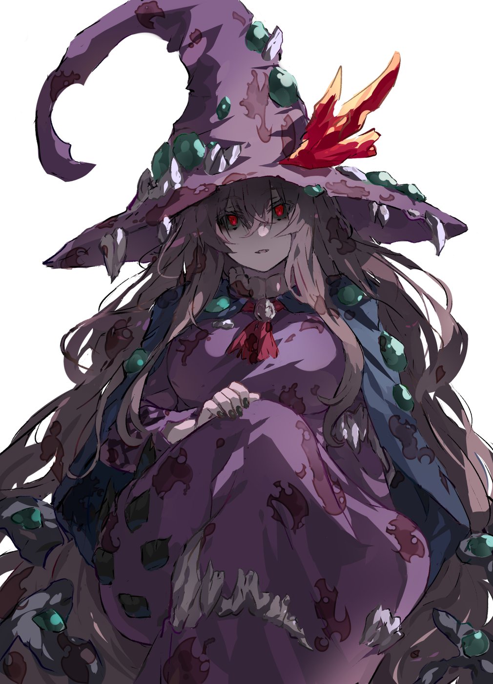 1girl black_sclera breasts colored_sclera dark_witch_eleine dress ender_lilies_quietus_of_the_knights grey_hair hat highres large_breasts long_hair looking_at_viewer parted_lips purple_dress purple_hat ramuya_(lamb) red_eyes simple_background solo very_long_hair white_background witch witch_hat