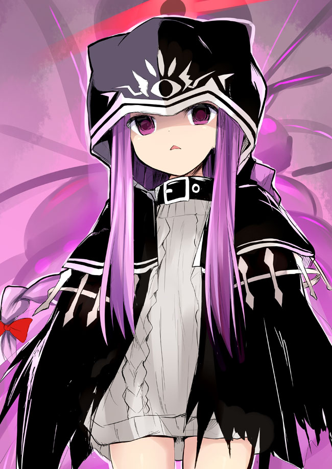 1girl black_cloak breasts cloak collar dress fate/grand_order fate_(series) hood hooded_cloak long_hair looking_at_viewer medusa_(fate) medusa_(lancer)_(fate) open_mouth parted_bangs purple_eyes purple_hair sen_(astronomy) sidelocks small_breasts solo sweater sweater_dress very_long_hair white_dress