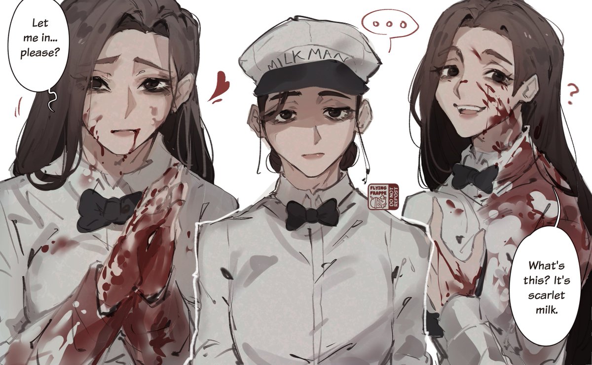 ... 1girl ? black_bow black_bowtie blood blood_from_mouth blood_on_clothes blood_on_face blood_on_hands bow bowtie breasts closed_mouth collared_shirt commentary english_commentary english_text flying-frappuccino francis_mosses genderswap genderswap_(mtf) heart long_hair long_sleeves looking_at_viewer medium_breasts milkman shirt simple_background smile solo spoken_ellipsis teeth that's_not_my_neighbor upper_teeth_only white_background white_shirt