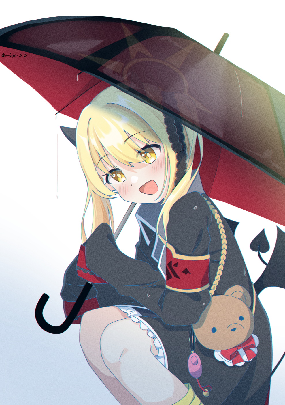 armband black_horns black_tail black_wings blonde_hair blue_archive blush crime_prevention_buzzer demon_girl demon_horns demon_tail demon_wings gehenna_academy_logo halo highres holding holding_umbrella horns ibuki_(blue_archive) open_mouth pointy_ears rain red_armband shinomiya sleeves_past_fingers sleeves_past_wrists stuffed_animal stuffed_toy tail teddy_bear translucent umbrella white_background wings yellow_eyes yellow_footwear yellow_halo