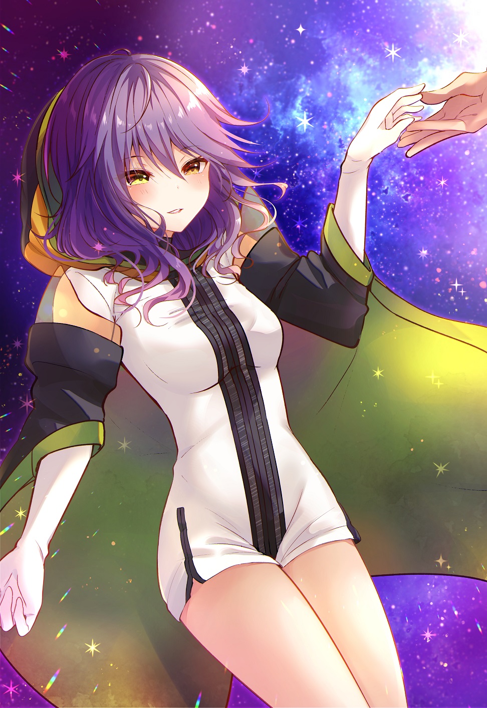 1girl 1other brown_eyes gina_(gnosia) gloves gnosia hair_between_eyes heterochromia highres hood hoodie long_sleeves medium_hair purple_hair rocomani smile solo space upper_body wavy_hair yellow_eyes