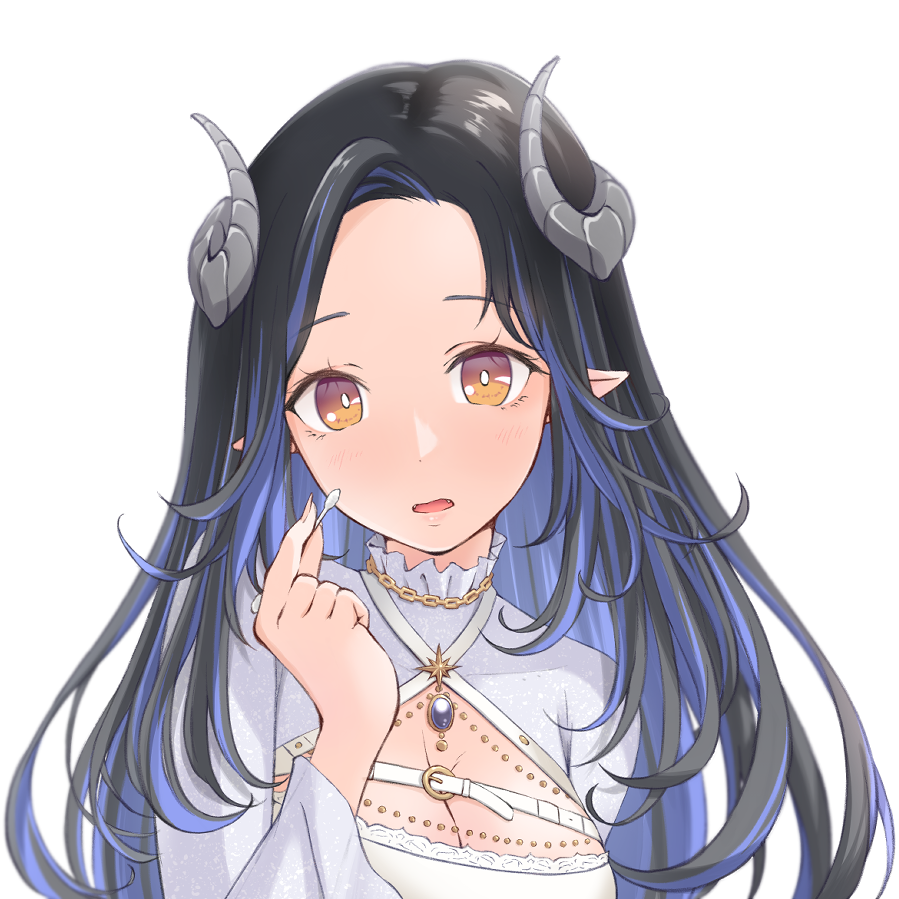 1girl aruha belt black_hair blue_hair blush breasts brown_eyes chest_belt cleavage commentary_request cotton_swab curled_horns demon_girl demon_horns dress fingernails grey_horns hebiyoi_tier hebiyoi_tier_(2nd_costume) holding horns large_breasts long_hair looking_at_viewer multicolored_hair nanashi_inc. official_alternate_costume open_mouth pointy_ears sidelocks simple_background solo transparent_background two-tone_hair upper_body virtual_youtuber white_belt white_dress