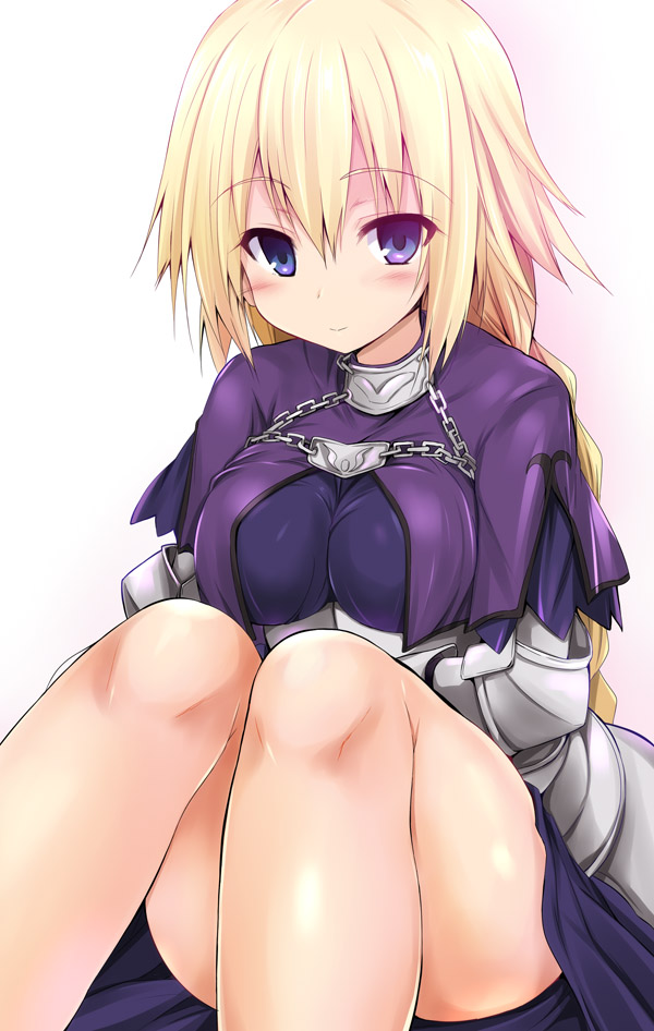 1girl armor armored_dress blonde_hair blue_eyes blush braid braided_ponytail breasts chain collar dress fate/apocrypha fate_(series) faulds gauntlets jeanne_d'arc_(fate) jeanne_d'arc_(ruler)_(fate) large_breasts long_hair looking_at_viewer metal_collar plackart purple_dress sen_(astronomy) sitting smile solo thighs very_long_hair