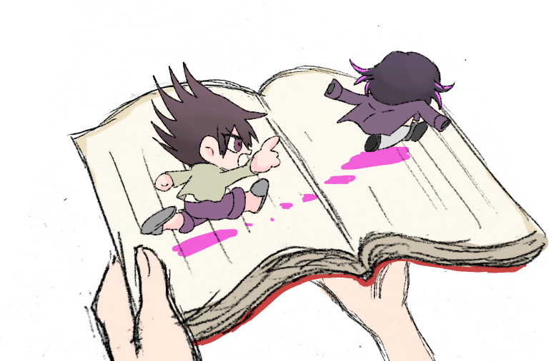 2boys black_footwear blood blood_stain book chasing chibi coat coat_on_shoulders commentary_request danganronpa_(series) danganronpa_v3:_killing_harmony from_behind grey_footwear grey_jacket grey_sleeves holding holding_book jacket long_sleeves male_focus mini_person miniboy momota_kaito multiple_boys oma_kokichi open_book open_mouth pants pink_blood pointing purple_coat purple_eyes purple_hair purple_pants running shirt shoes short_hair simple_background slippers spiked_hat spoilers sugi_haeru white_background white_pants white_shirt