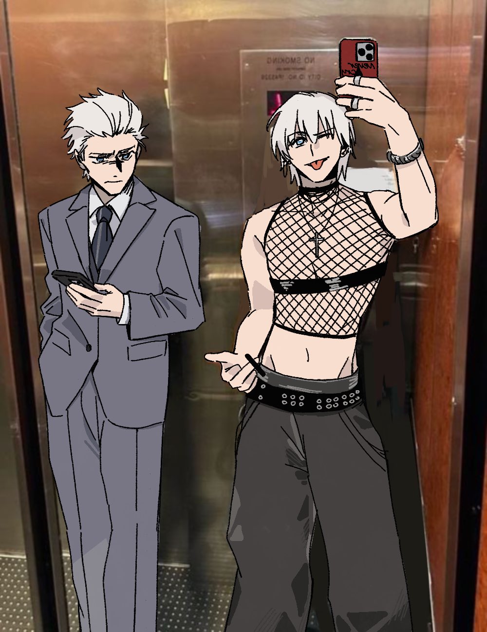 2boys black_choker black_necktie blue_eyes brothers business_suit choker crop_top cross cross_necklace dante_(devil_may_cry) devil_may_cry_(series) devil_may_cry_3 earrings formal grey_suit hair_slicked_back highres holding jewelry lunaticanis male_focus meme middle_finger midriff multiple_boys navel necklace necktie siblings smile standing stomach suit twins vergil_(devil_may_cry) white_hair