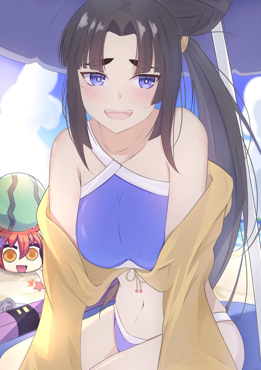 bare_shoulders beach beach_umbrella bikini black_hair blue_bikini blue_eyes blush breasts collarbone facing_viewer fate/grand_order fate_(series) food fruit fujimaru_ritsuka_(female) hair_bun highres jacket long_hair looking_to_the_side medium_breasts navel open_mouth parted_bangs riyo_(lyomsnpmp)_(style) side_ponytail sidelocks single_hair_bun smile swimsuit umbrella umi_endu ushiwakamaru_(fate) ushiwakamaru_(swimsuit_assassin)_(fate) ushiwakamaru_(swimsuit_assassin)_(first_ascension)_(fate) very_long_hair watermelon yellow_jacket