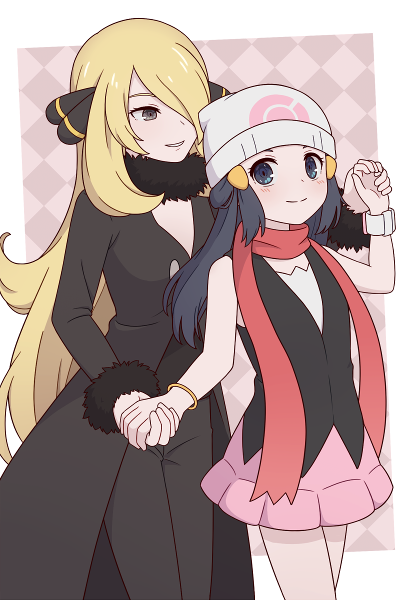 2girls argyle_background beanie black_hair black_shirt blonde_hair blush bracelet closed_mouth coat commentary_request cynthia_(pokemon) dawn_(pokemon) eyelashes fur_collar grey_eyes hair_ornament hair_over_one_eye hairclip hand_up hat highres holding_hands jewelry long_hair mozukusa multiple_girls pants pink_skirt pokemon pokemon_dppt red_scarf scarf shirt skirt sleeveless sleeveless_shirt smile white_hat