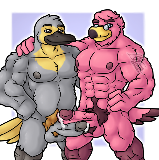 altenusy anthro avian balls barazoku bdsm bird bodily_fluids body_hair bondage bound digital_media_(artwork) duo erection flamingo genital_fluids genitals humanoid_genitalia humanoid_penis male male/male mature_male muscular muscular_anthro muscular_male nude penis simple_background tail