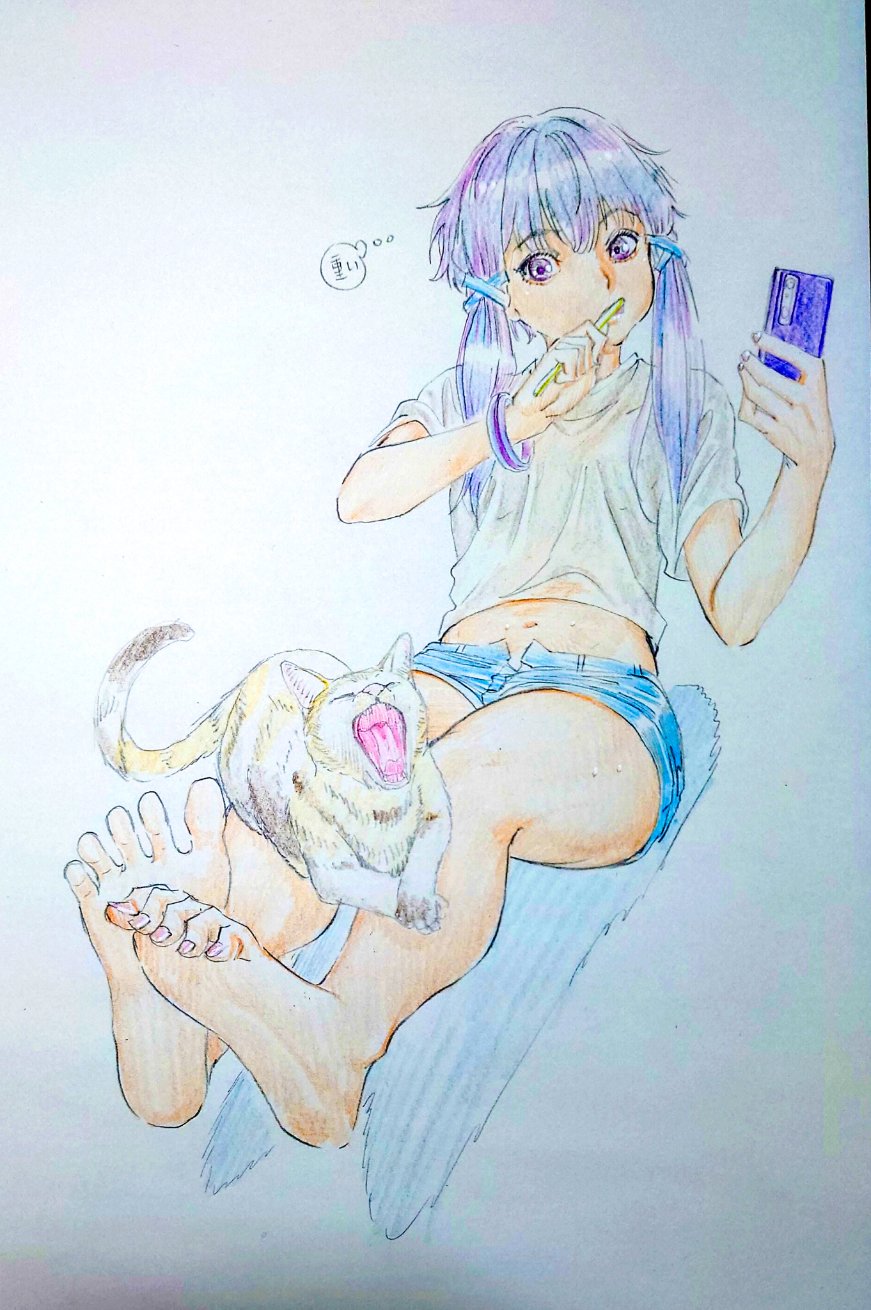 1girl bare_legs barefoot blue_hair blue_shorts cat cellphone cwind eyelashes feet full_body hair_ornament hands_up highres holding holding_phone midriff navel phone purple_eyes purple_hair see-through see-through_shirt shirt short_hair_with_long_locks short_shorts short_sleeves shorts sitting smartphone soles solo spread_toes thighs toe_scrunch toenails toes traditional_media voiceroid white_shirt x_hair_ornament yuzuki_yukari