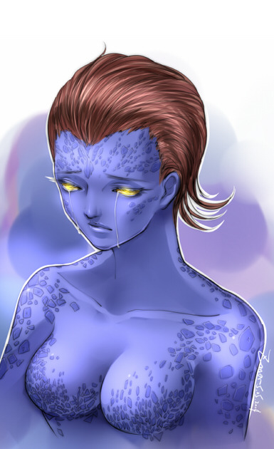 1girl blue_skin breasts colored_skin crying eyelashes glowing glowing_eyes marvel medium_breasts mystique no_nipples non-web_source nude orange_hair solo tears x-men yellow_eyes zoner