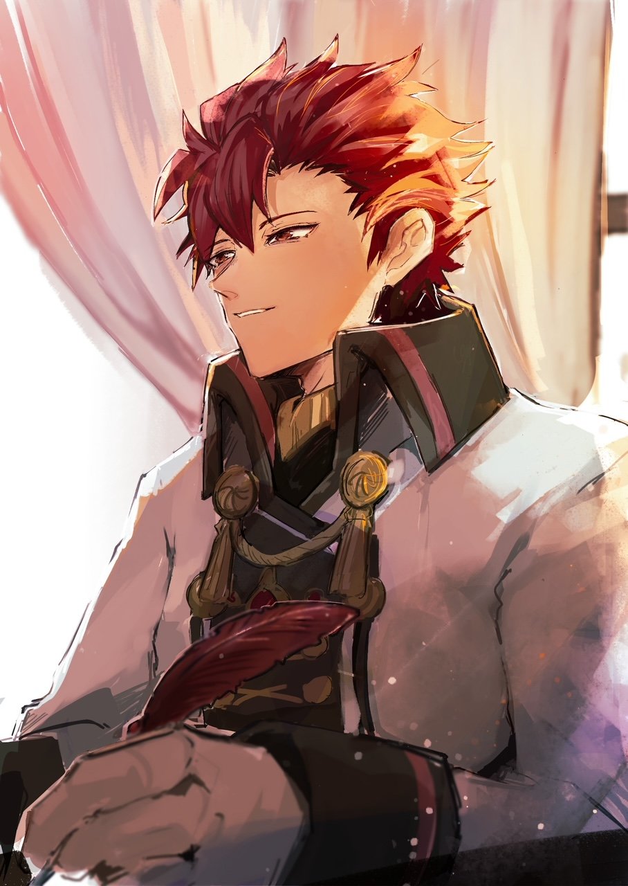 1boy alternate_costume aristocratic_clothes diamant_(fire_emblem) feathers fire_emblem fire_emblem_engage highres holding holding_quill kanikun03 male_focus quill red_eyes red_feathers red_hair solo