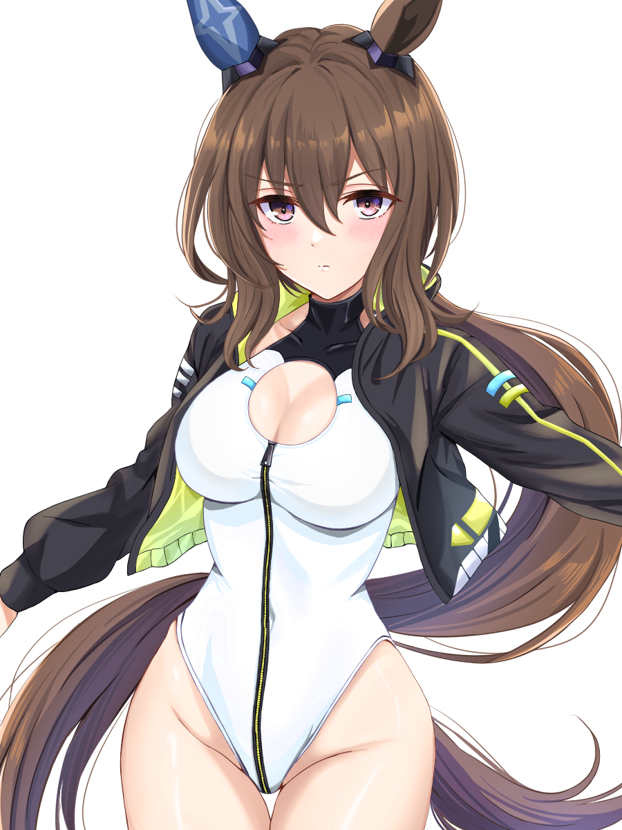 1girl admire_vega_(umamusume) alice_gear_aegis animal_ears breasts brown_hair cleavage cleavage_cutout clothing_cutout collarbone companion/af covered_navel cowboy_shot ear_covers gradient_eyes groin highres horse_ears horse_girl leotard looking_at_viewer low_ponytail multicolored_eyes simple_background solo strapless strapless_leotard tsukiyuki_mike umamusume v-shaped_eyebrows white_background white_leotard zipper_leotard