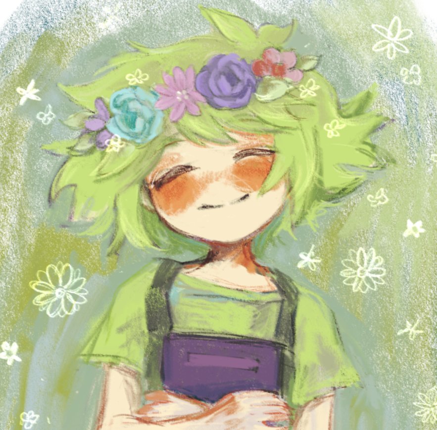 1boy basil_(headspace)_(omori) basil_(omori) blush closed_eyes closed_mouth flower green_hair green_shirt head_wreath lilac_aesthetic omori overalls shirt short_hair solo upper_body