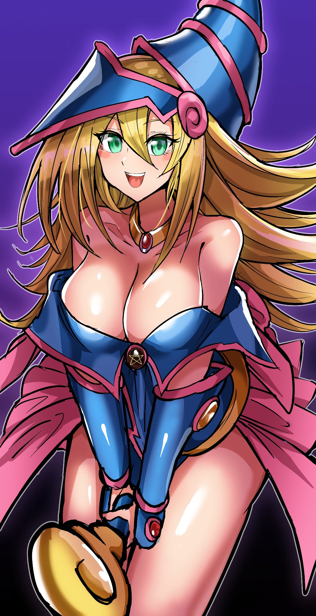 1girl :d bare_shoulders blonde_hair blue_dress blue_hat breasts cleavage dark_magician_girl dress duel_monster green_eyes hair_between_eyes hat highres holding holding_staff large_breasts long_hair looking_at_viewer open_mouth short_dress smile solo staff synchroman teeth upper_teeth_only wizard_hat yu-gi-oh!