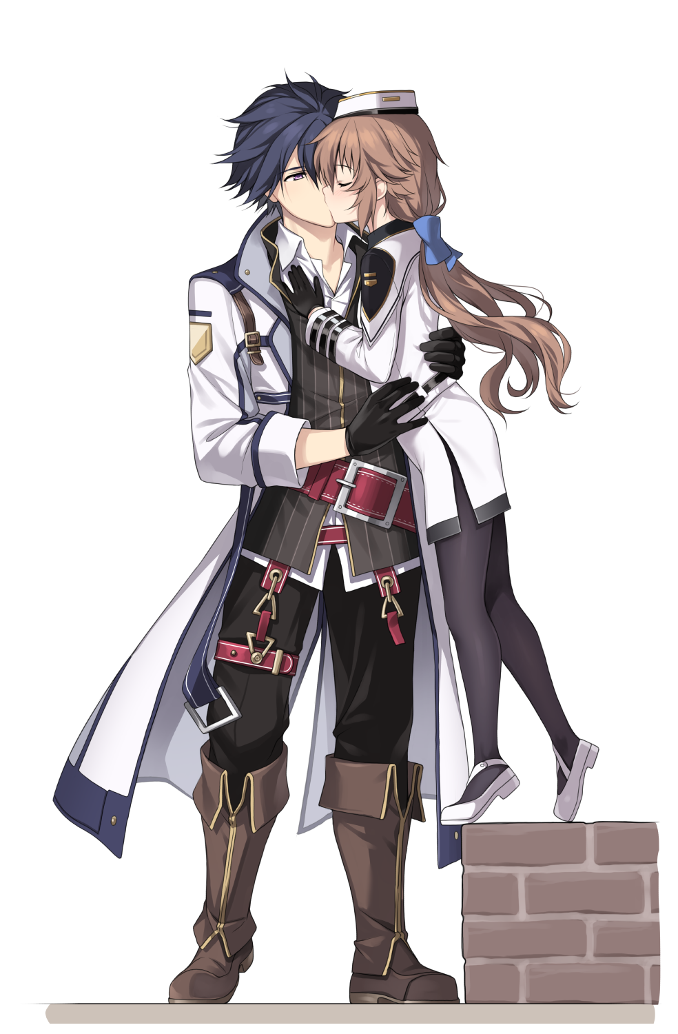 1boy 1girl belt black_gloves black_pants black_pantyhose blue_hair blue_trim boots brown_footwear brown_hair closed_eyes coat couple eiyuu_densetsu garrison_cap gloves hakuleg hat height_difference highres kiss knee_boots long_hair pants pantyhose purple_eyes rean_schwarzer sen_no_kiseki sen_no_kiseki_iii simple_background towa_herschel white_background white_coat white_footwear