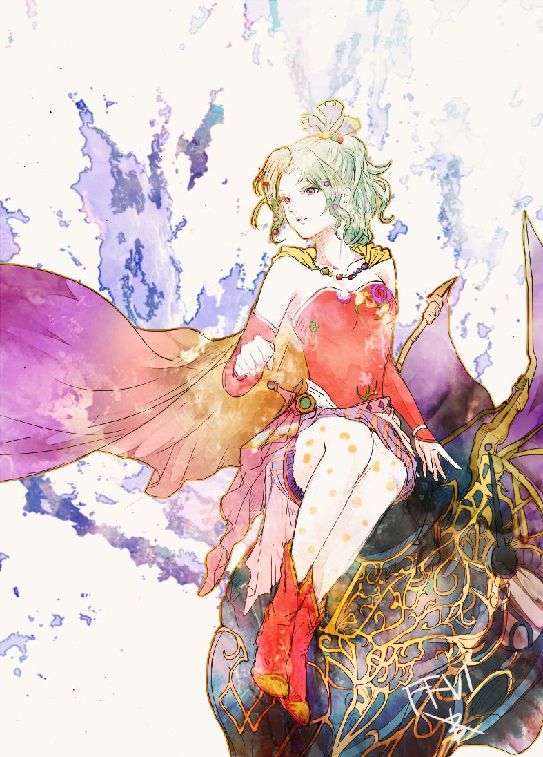 1girl abstract_background cape commentary detached_sleeves dress final_fantasy final_fantasy_vi full_body green_hair looking_to_the_side magitek_armor pantyhose red_dress red_footwear red_sleeves ruka_(blueplus84) short_dress solo strapless strapless_dress terra_branford white_background white_pantyhose