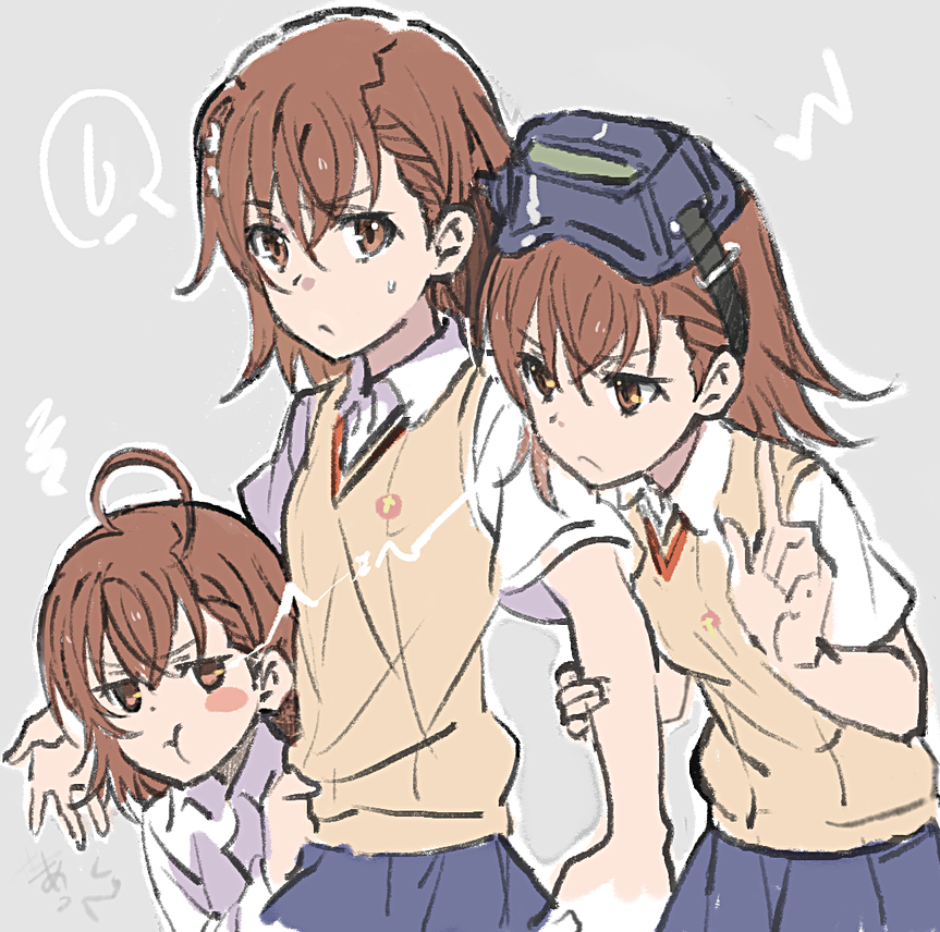 3girls :&lt; :t ahoge angry asshuku bangs blush_stickers bob_cut brown_eyes brown_hair brown_sweater_vest closed_mouth dress_shirt eye_contact flower furrowed_eyebrows glaring goggles goggles_on_head grey_background grey_skirt hair_between_eyes hair_flower hair_ornament hand_on_another's_arm hand_on_another's_waist head_mounted_display holding_arm index_finger_raised jitome last_order looking_at_another looking_at_viewer misaka_imouto misaka_mikoto multiple_girls pleated_skirt pout school_uniform shirt short_hair short_sleeves siblings sisters sketch skirt speech_bubble spoken_sweatdrop sweatdrop sweater_vest to_aru_kagaku_no_railgun to_aru_majutsu_no_index tokiwadai_school_uniform upper_body white_flower white_shirt