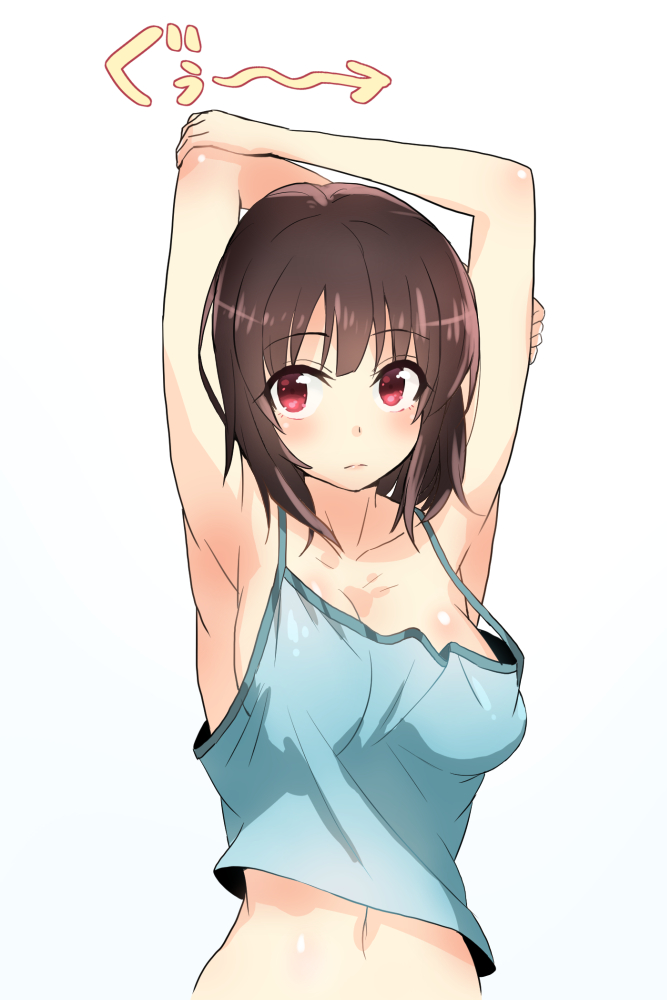 1girl arm_behind_head armpits arms_up bare_arms bare_shoulders breasts brown_eyes brown_hair camisole cleavage clip_studio_paint_(medium) looking_at_viewer medium_breasts navel original short_hair shouhei sidelocks solo standing stomach stretching upper_body white_background