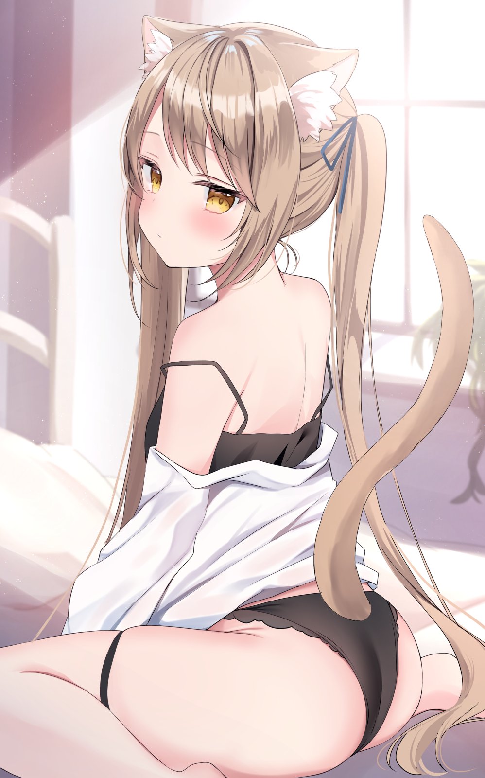 1girl animal_ear_fluff animal_ears black_panties black_ribbon blush brown_eyes cat_ears cat_girl cat_tail clothes_pull hair_ribbon hamico highres kokona_(hamico) light_brown_hair looking_back median_furrow on_bed original panties ribbon shirt shirt_pull sitting solo strap_slip swept_bangs tail thigh_strap twintails underwear wariza white_shirt