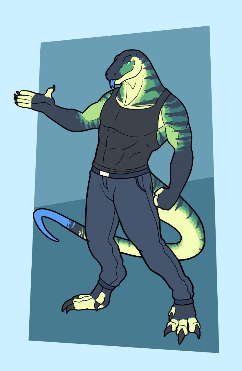 abstract_background anthro blep clothed clothing daxl_(daxlmonitor) daxlmonitor digitigrade forked_tongue hi_res lizard long_tail male monitor_lizard muscular reptile scalie solo tail tapering_tail tongue tongue_out