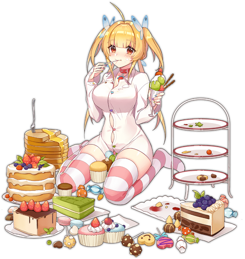 1girl ahoge ark_order artist_request beelzebub_(ark_order) blonde_hair blunt_bangs blush breasts butterfly_hair_ornament buttons cake candy candy_wrapper checkerboard_cookie chocolate collar convenient_censoring cookie cream cream_on_face cup cupcake dessert dress_shirt food food_on_face fork fruit full_body hair_ornament heart_button holding holding_cup holding_spoon ice_cream large_breasts long_sleeves low_twintails matcha_(food) muffin multicolored_nails nail_polish official_art pancake pancake_stack parfait plate red_eyes shirt sidelocks simple_background sitting skindentation solo spoon strawberry striped_clothes striped_thighhighs tachi-e thighhighs tiered_tray too_much_food transparent_background twintails two_side_up utensil_in_mouth wafer_stick wariza whipped_cream white_shirt