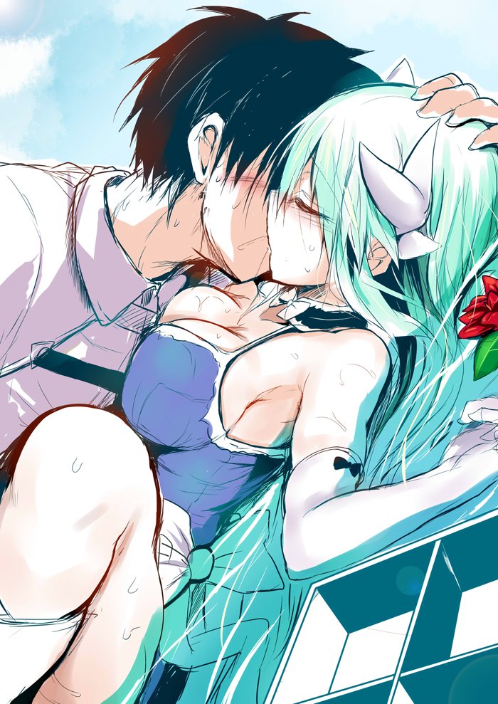 1boy 1girl bare_shoulders black_hair blue_one-piece_swimsuit blush breasts chaldea_uniform cleavage closed_eyes covered_face detached_collar dragon_girl dragon_horns elbow_gloves fate/grand_order fate_(series) flower fujimaru_ritsuka_(male) gloves green_hair hand_on_another's_head hibiscus horns kiss kiyohime_(fate) kiyohime_(swimsuit_lancer)_(fate) kiyohime_(swimsuit_lancer)_(second_ascension)_(fate) large_breasts long_hair lying multiple_horns on_back one-piece_swimsuit sen_(astronomy) shirt short_hair spread_legs swimsuit water wet white_gloves white_shirt