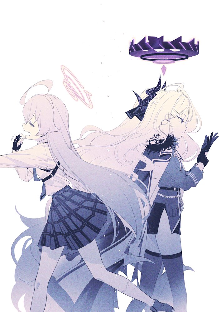 2girls adjusting_clothes adjusting_gloves ahoge aiguillette blue_archive chest_harness coat coat_on_shoulders demon_horns demon_wings fang fingerless_gloves gloves hair_ornament hairclip halo harness hina_(blue_archive) horns hoshino_(blue_archive) long_hair long_sleeves low_wings military_uniform miniskirt multiple_girls multiple_horns necktie ouri_(aya_pine) plaid plaid_skirt pleated_skirt shirt_tucked_in side_slit skirt thighhighs uniform very_long_hair wading white_background wings yawning