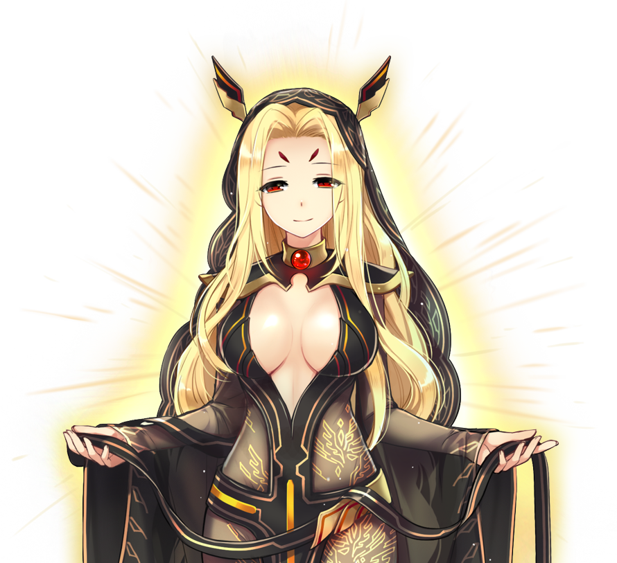 1girl adelaide_(master_of_eternity) black_hood blonde_hair breasts breasts_apart brown_robe center_opening closed_mouth cowboy_shot dot_nose facial_mark forehead_mark game_cg gem glowing hat_ornament large_breasts long_hair looking_at_viewer master_of_eternity non-web_source official_art outstretched_arms print_robe red_eyes red_gemstone robe simple_background smile solo spread_arms transparent_background