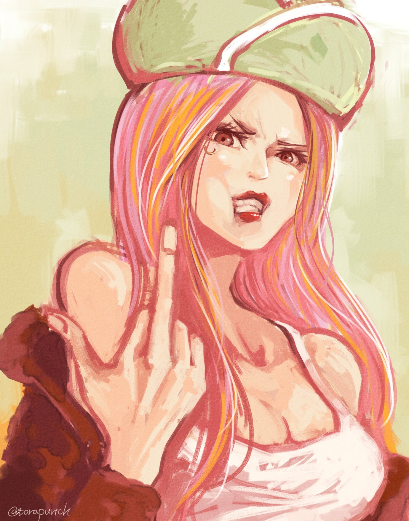 1girl anti-eyebrow_piercing artist_name bare_shoulders brown_eyes clenched_teeth commentary english_commentary green_hat hat highres jewelry_bonney lips lipstick long_hair looking_at_viewer makeup middle_finger one_piece pink_hair red_lips solo teeth torapunch twitter_username