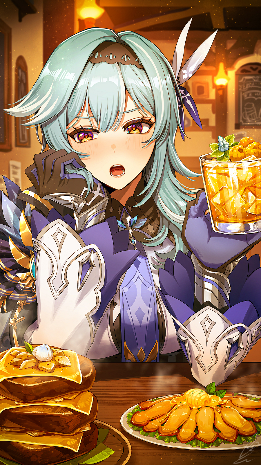 "pile_'em_up"_(genshin_impact) 1girl bar_(place) black_gloves black_hairband blue_gloves blue_hair blue_necktie blush breasts commentary cup drinking_glass drunk eula_(genshin_impact) food genshin_impact gloves hair_ornament hairband hands_up head_on_hand highres holding holding_cup indoors large_breasts light_particles long_sleeves looking_at_viewer medium_hair necktie open_mouth revision sauteed_matsukate_(genshin_impact) shibuki_kamone signature solo two-tone_gloves upper_body white_sleeves wide_sleeves yellow_eyes