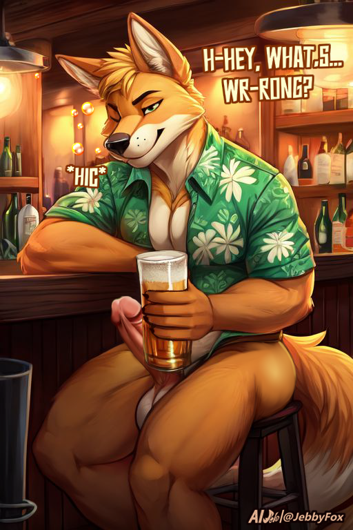 ai_art ai_generated_background alcohol aloha_shirt anthro artificial_intelligence balls beer beer_glass beverage big_balls big_penis blonde_hair bottle bubble butt cafe canid canine chair clothing container drunk drunk_bubble fox fur furniture genitals glass green_clothing green_eyes green_shirt green_topwear hair humanoid_genitalia humanoid_penis jebbthefoxy jebby male mammal muscular muscular_anthro muscular_male orange_body orange_fur pattern_clothing pattern_shirt pattern_topwear penis red_fox shirt solo substance_intoxication text topwear true_fox white_body white_fur